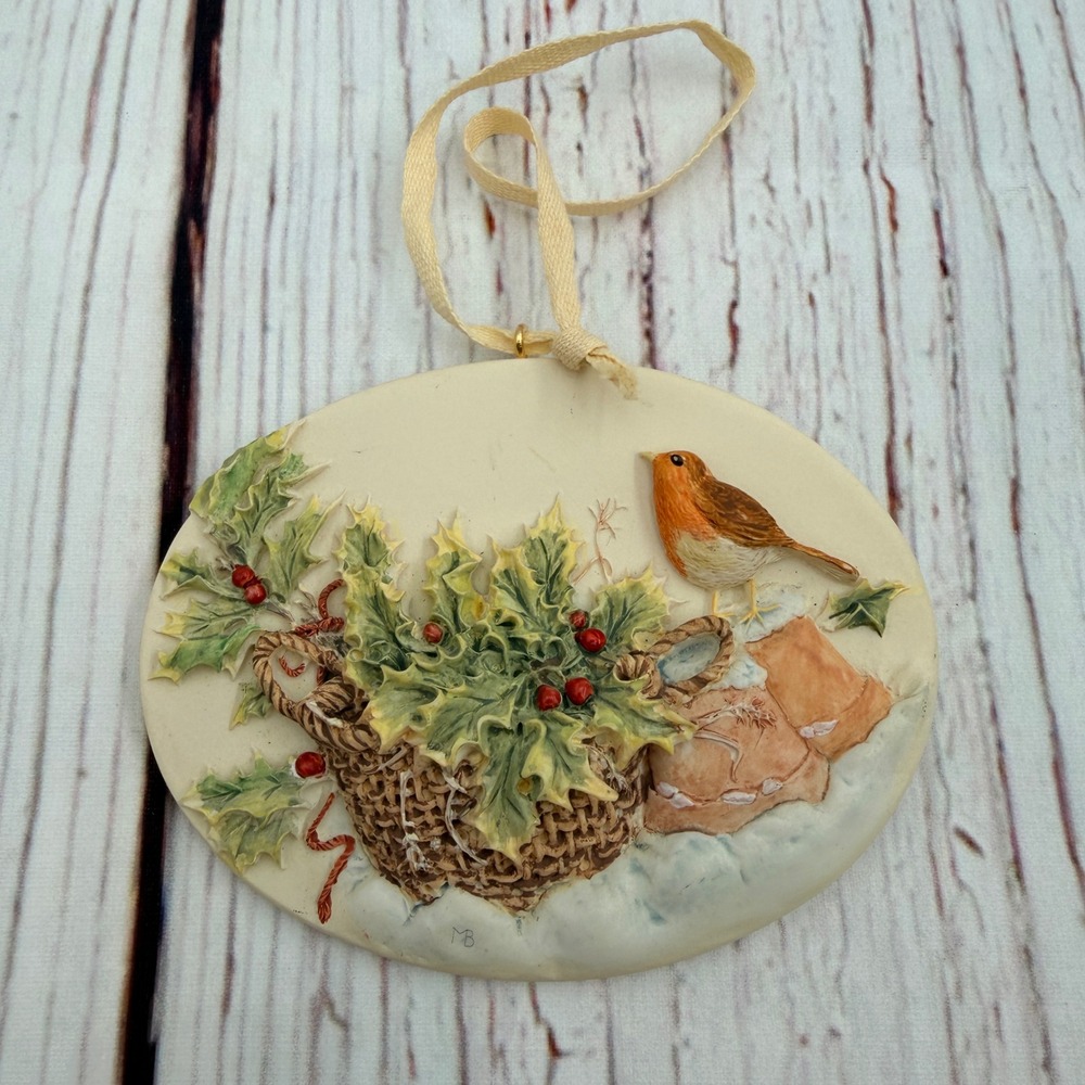 Vintage 1996 Hallmark Marjolein Bastin Robin Bird Holly Basket Ornament Plaque